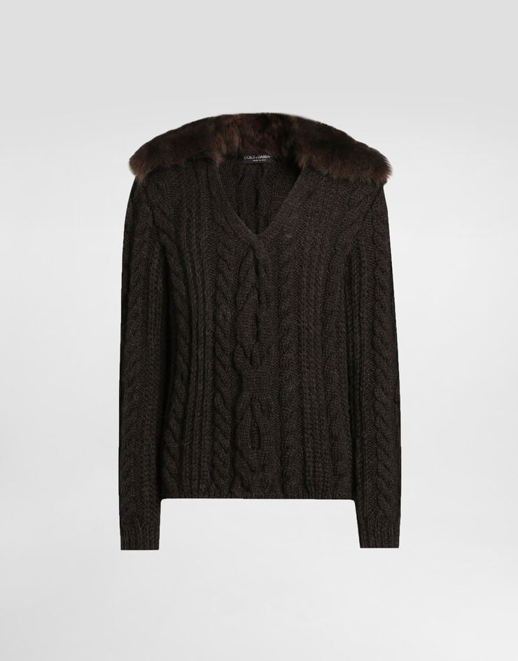 Dolce & Gabbana Wool pullover with fur collar Brown GXY47TJGMB5