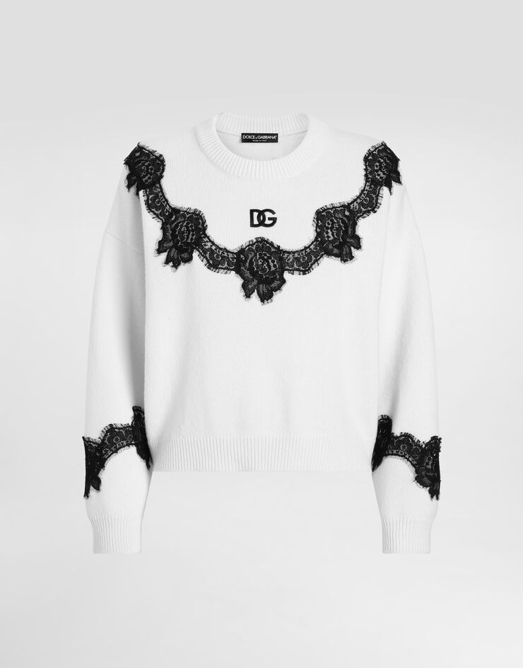 Dolce & Gabbana Wool sweater with DG logo and lace inserts White FXX29ZJCVT5