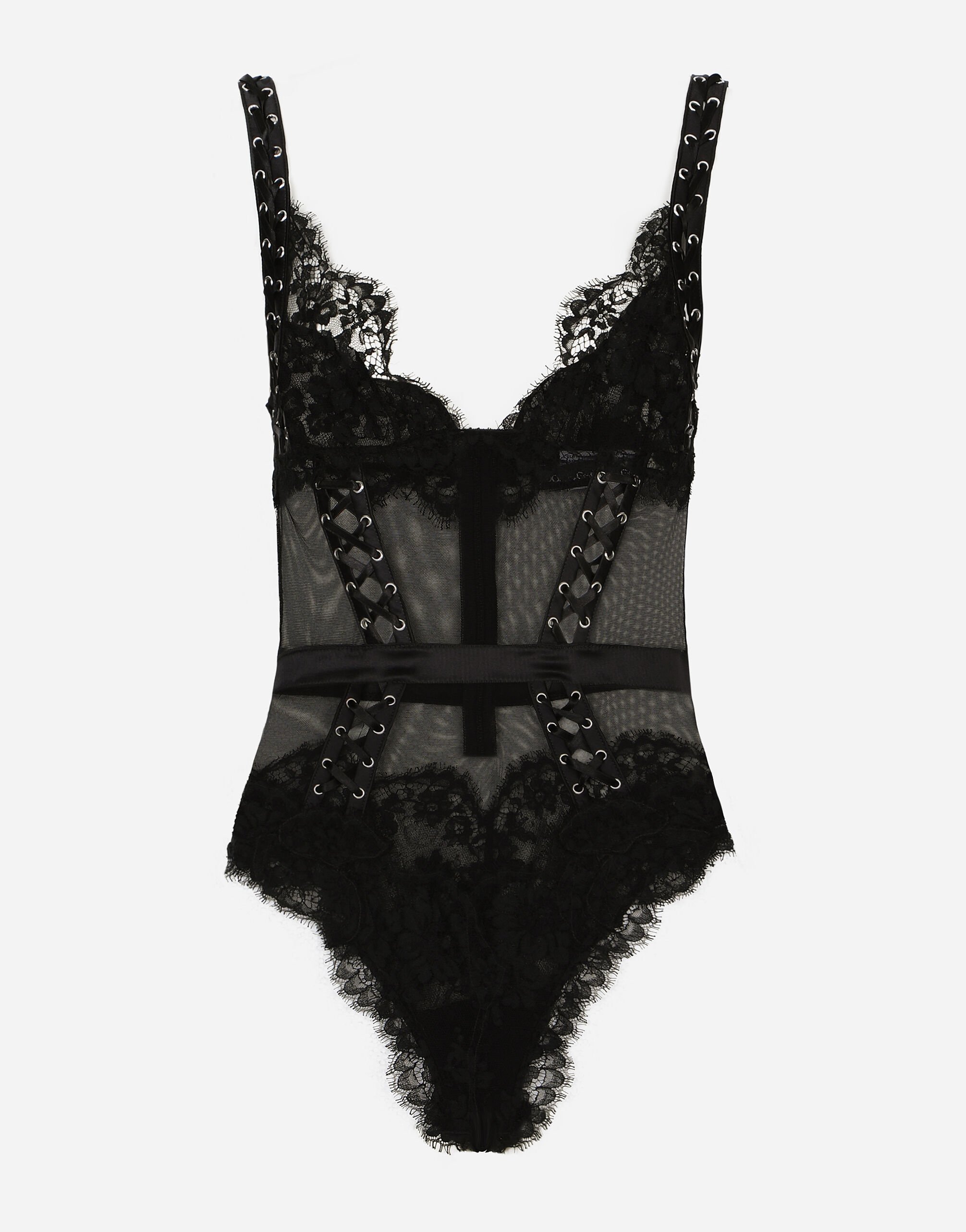 Dolce & Gabbana Lace and tulle bodysuit with lacing and eyelets Silver O2E28TFUGRA