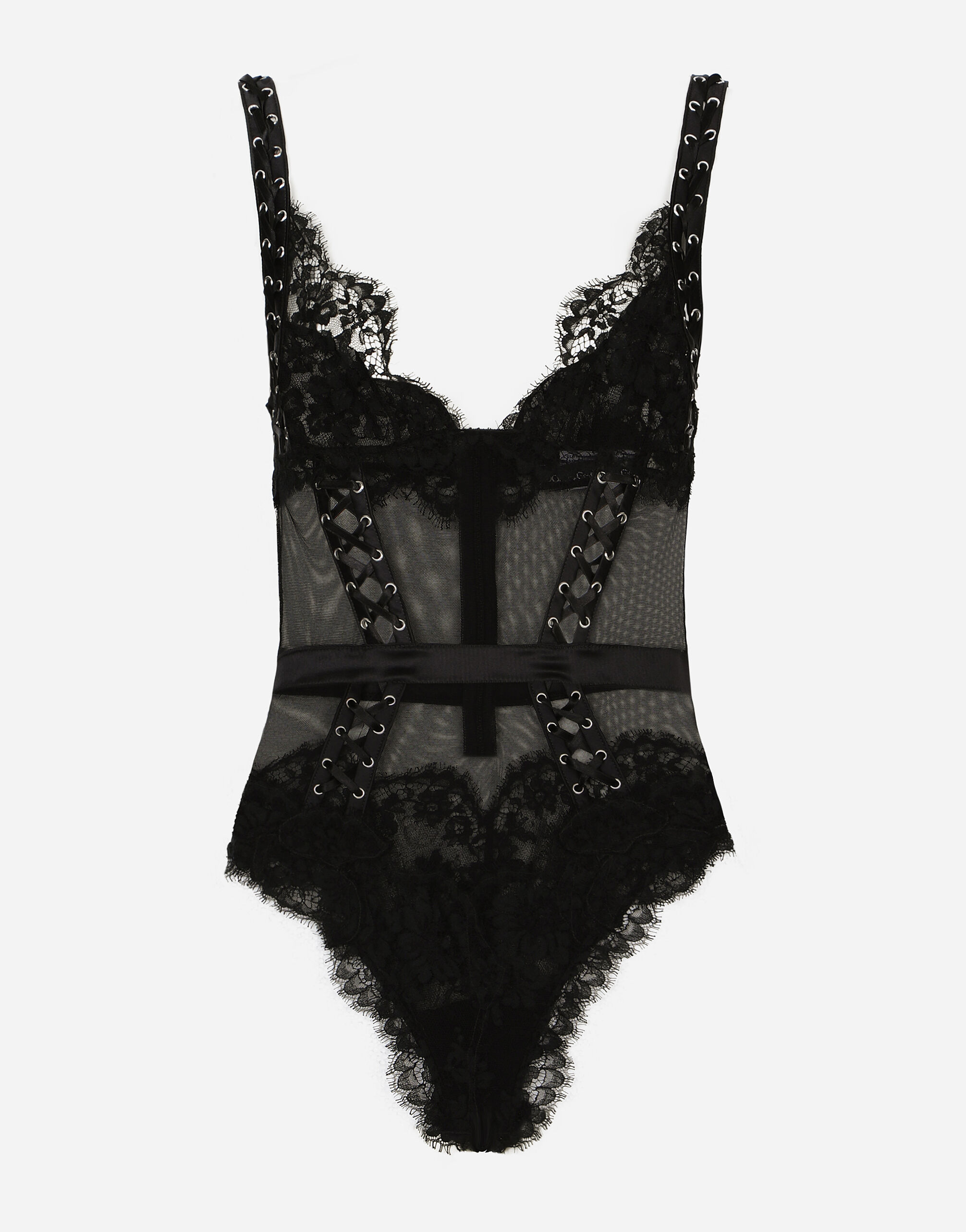 Lace and tulle bodysuit with lacing and eyelets