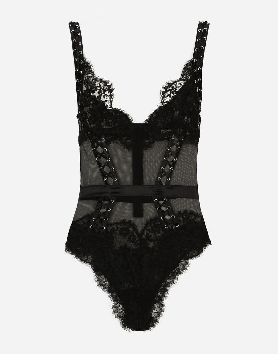 Lace and tulle bodysuit with lacing and eyelets