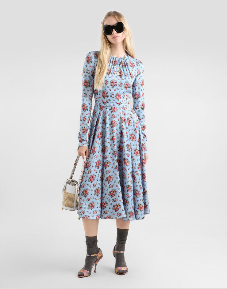 Dolce & Gabbana Small flower bouquets-print long charmeuse dress Multicolor F60HMTFSA78