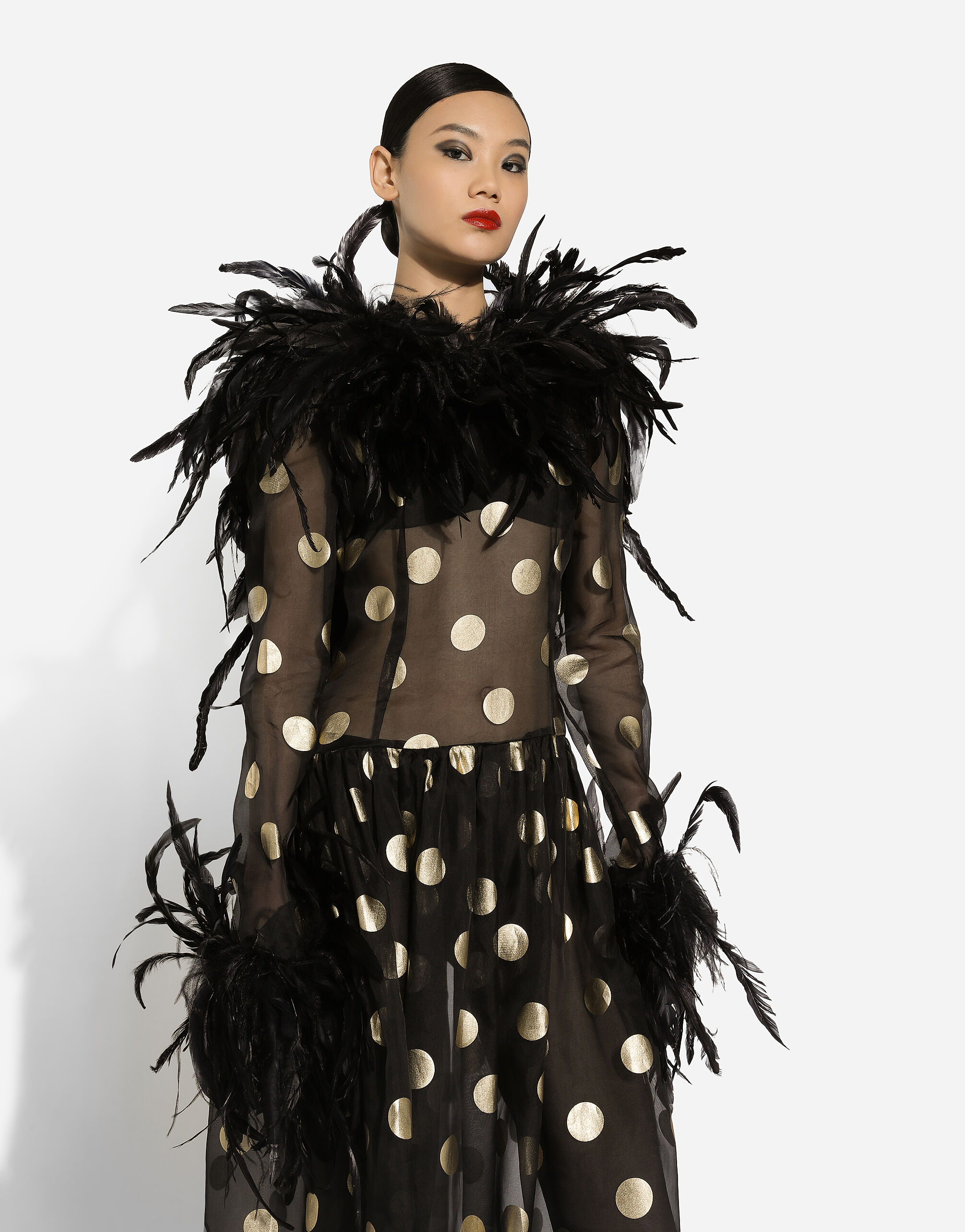 Long polka-dot silk organza dress with feathered details in