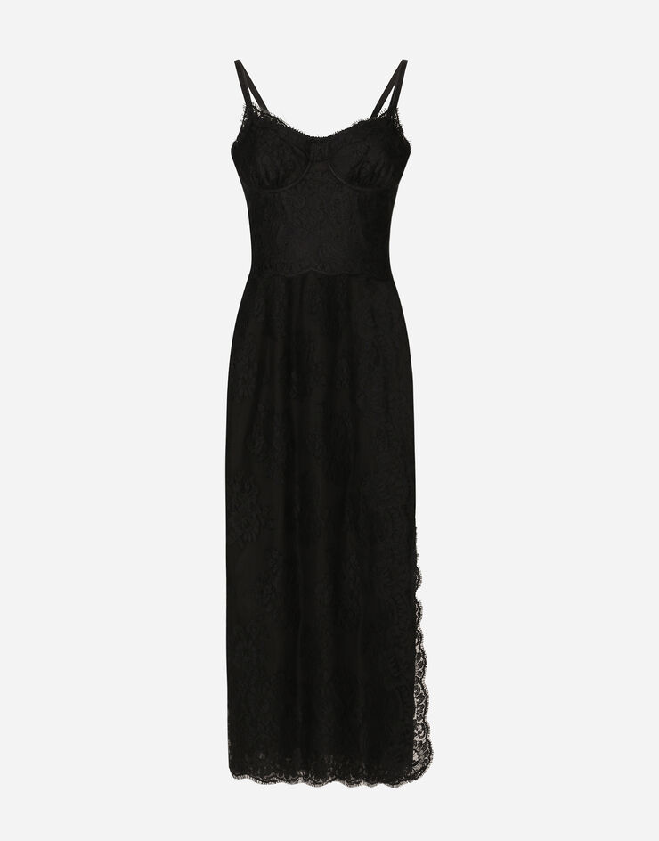 Dolce & Gabbana Longuette-Kleid im Slip-Dress-Stil aus Spitze Black F6JAOTHLMO7
