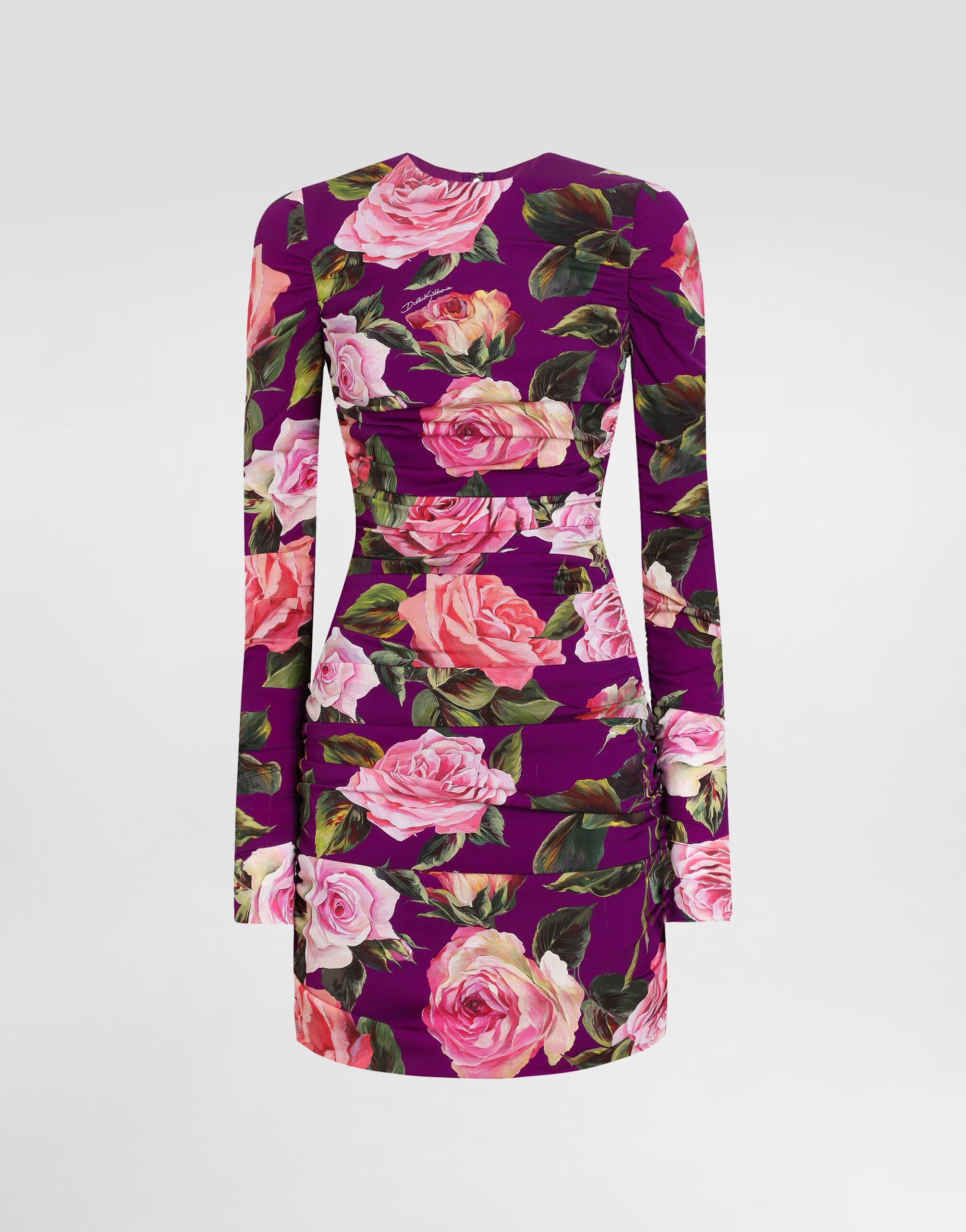Abito midi a tubino drappeggiato in charmeuse stampa Rose in