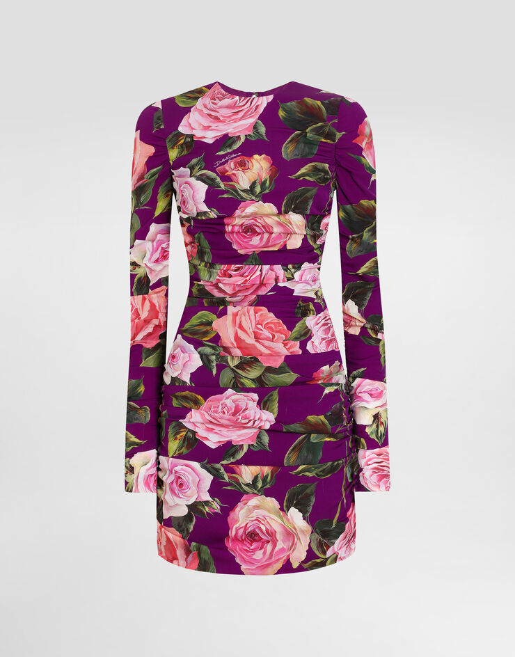 Dolce & Gabbana Charmeuse midi sheath dress with draping and rose print Print F6TLTTFSA7A