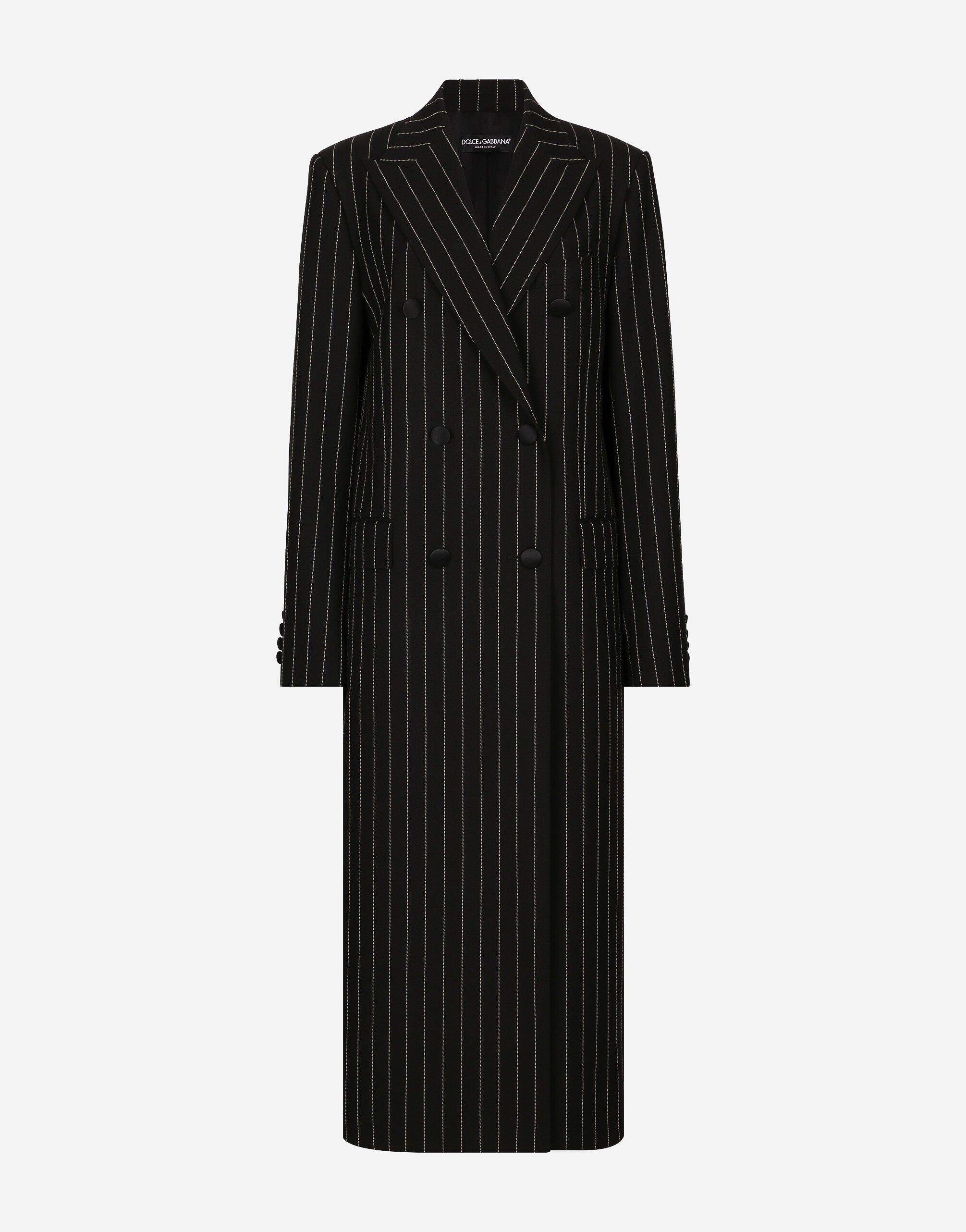 Dolce & Gabbana Manteau croisé en toile de laine à rayures tennis Noir F0D1OTFUMG9