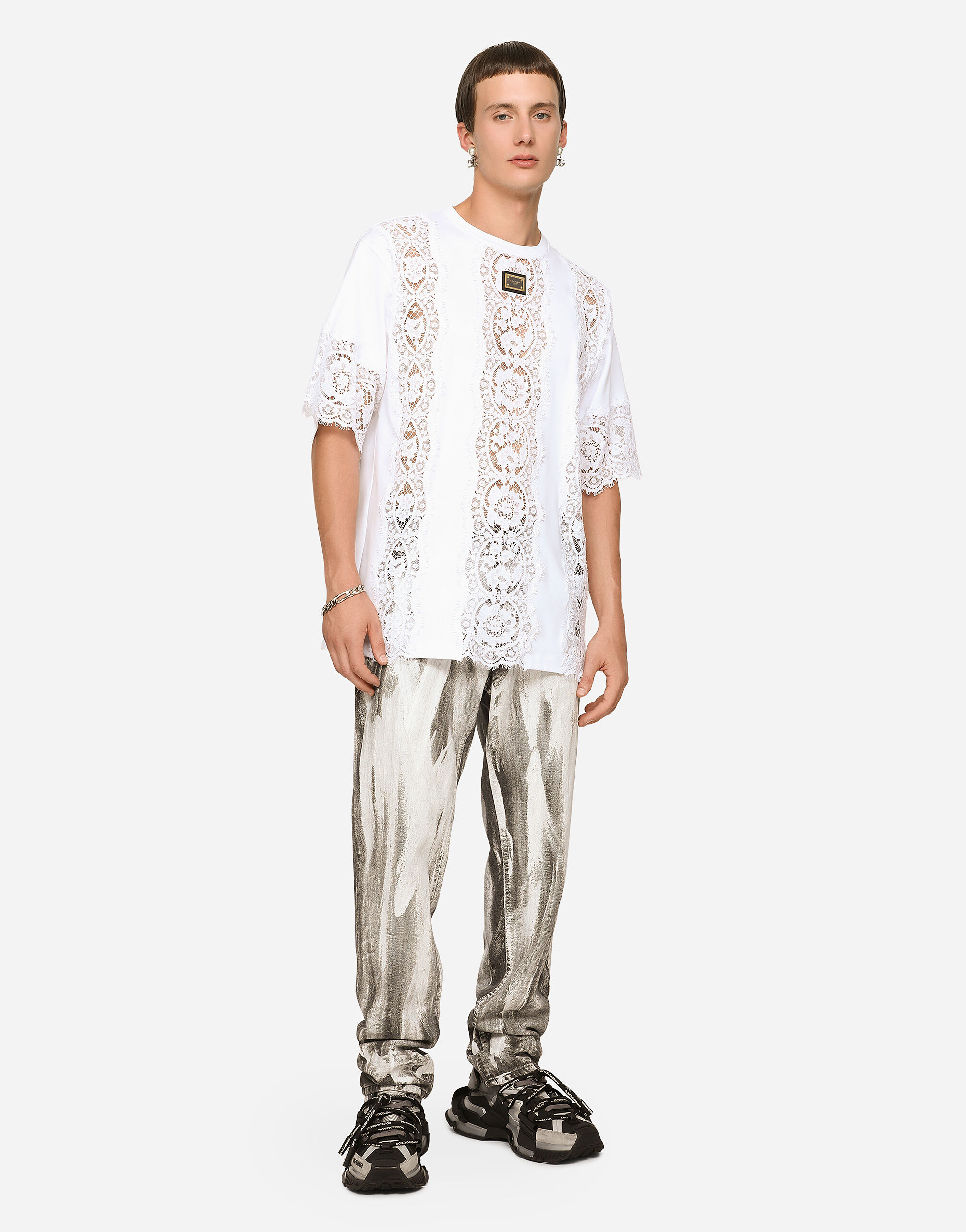 Short-sleeved T-shirt with lace inserts in White for Men