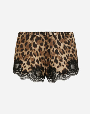 Dolce & Gabbana Dessous-Shorts aus Satin Leoprint mit Spitze Mehrfarbig O3A02TFSAXY
