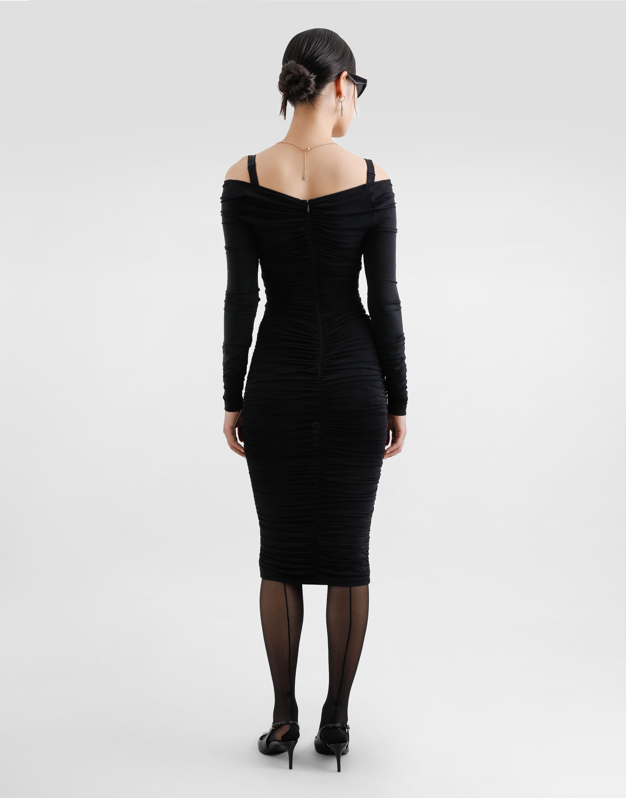 Organzine draped calf-length dress in Black for Women