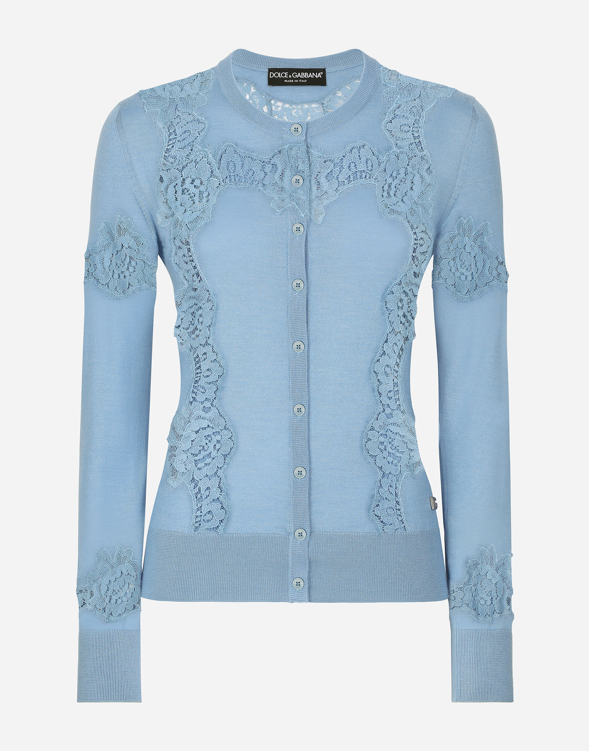 Cashmere and silk cardigan with lace inlay in Azure for Women Dolce Gabbana