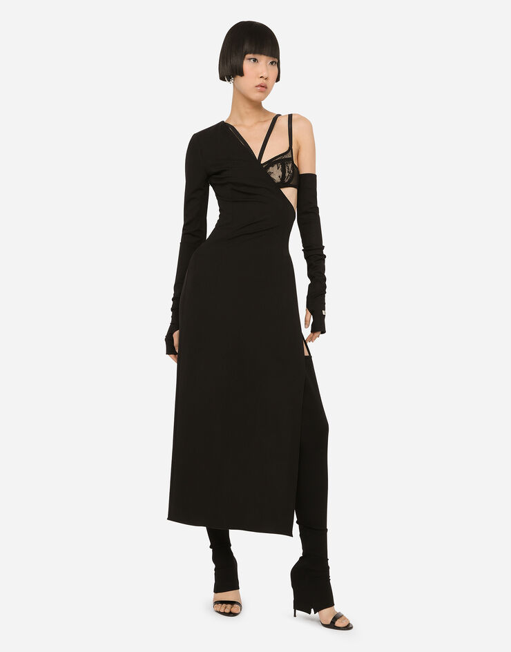 Dolce & Gabbana One-shoulder jersey dress with detached sleeve detail Black F6AQXTFUGO7