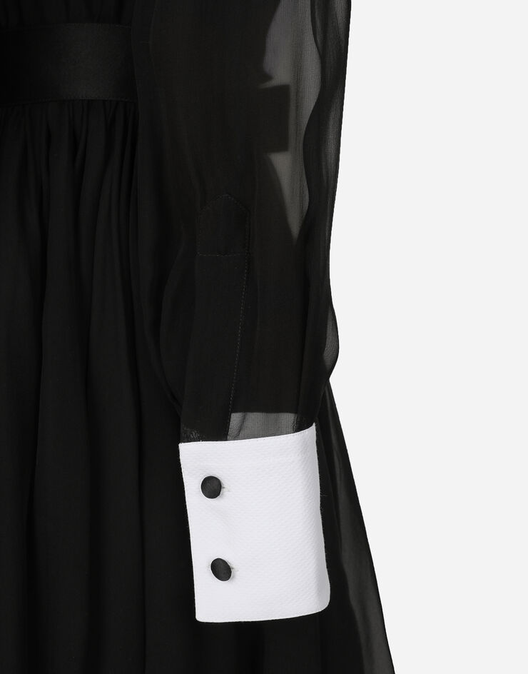 Dolce & Gabbana فستان قميصي ميدي شيفون بأساور بيكيه ومقدمة قميصية أسود F6JGXTFU1AT