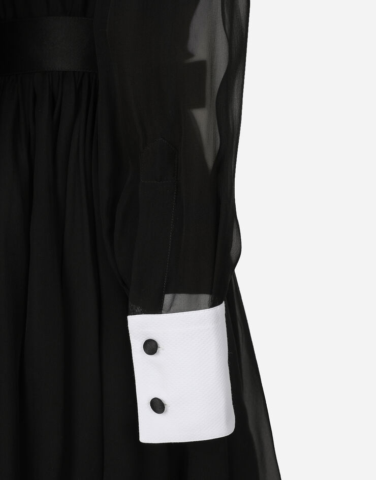 Dolce & Gabbana Robe-chemise midi en mousseline avec plastron et poignets en piqué Noir F6JGXTFU1AT