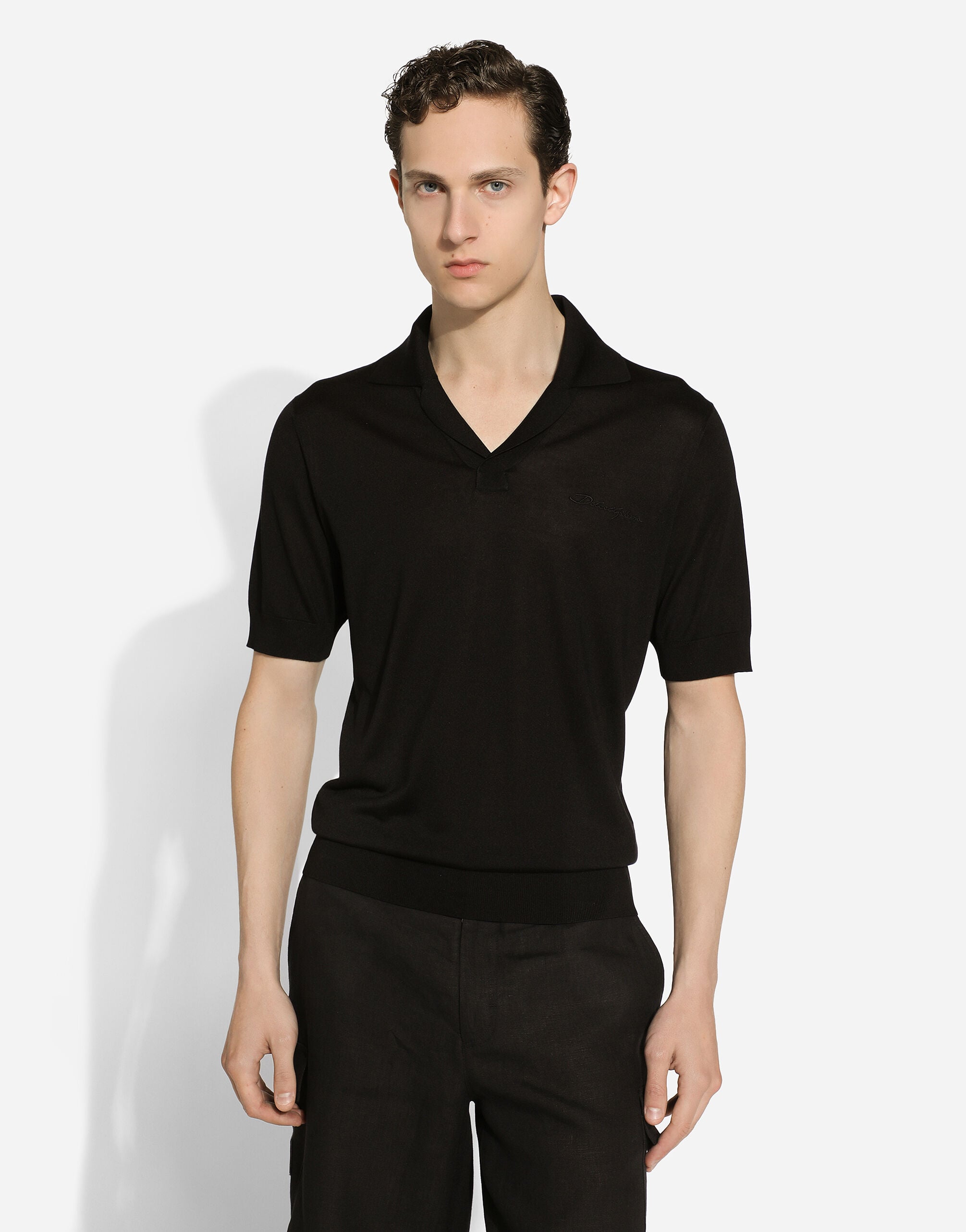 Silk polo-shirt with Dolce&Gabbana embroidery in Black for Men