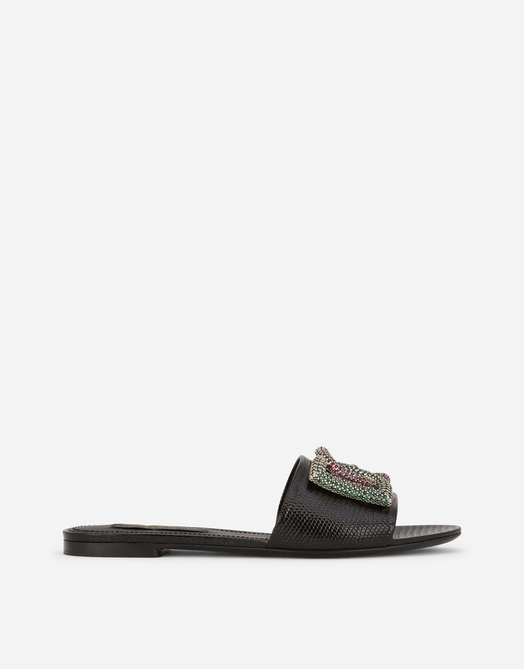 Dolce & Gabbana Iguana-print calfskin slides with rhinestone-detailed DG logo Black CQ0455B5956