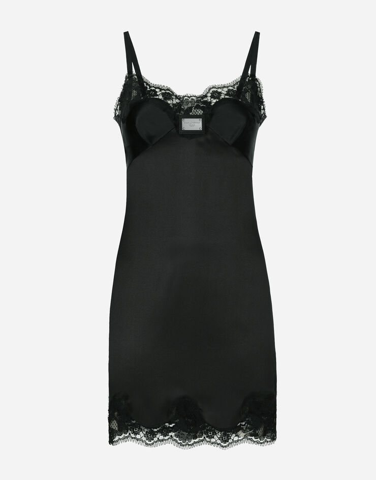 Dolce&Gabbana Kurzes Slip Dress mit Plakette Dolce&Gabbana Schwarz F6CPJTFURAG