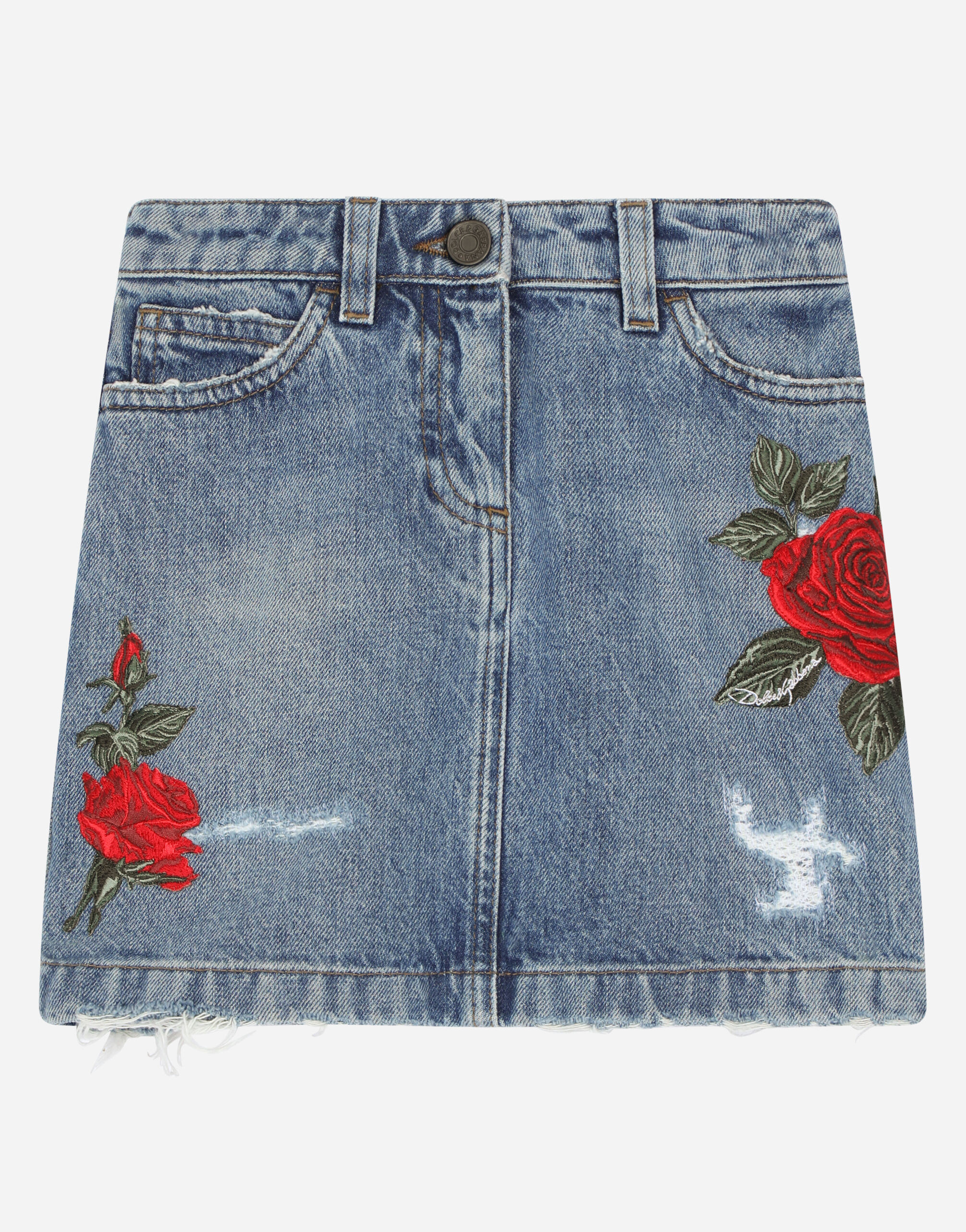 B451-3 D&G DOLCE＆GABBANA JUNIOR スカート 14 5-pocket short denim skirt with rose patch in Azure for Girls
