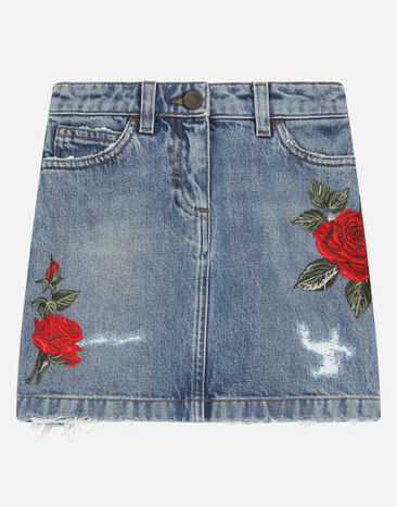 DolceGabbanaSpa Falda vaquera corta de 5 bolsillos con parches de rosas Azul Claro L54I55LDB51