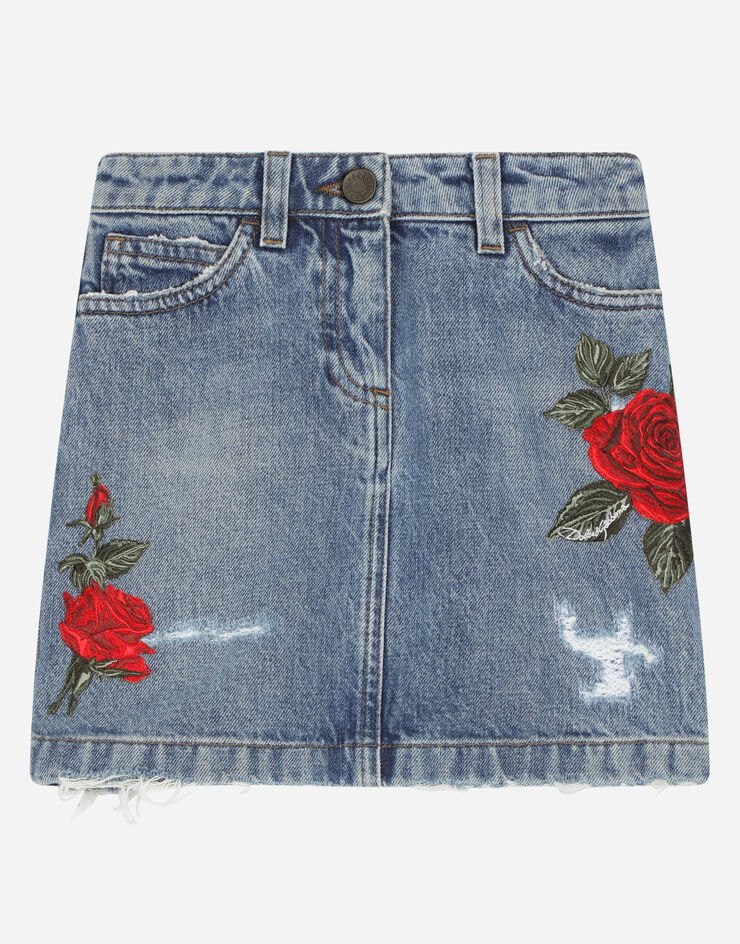 DolceGabbanaSpa Gonna corta 5 tasche in denim  con patch rose Azure L54I55LDB51