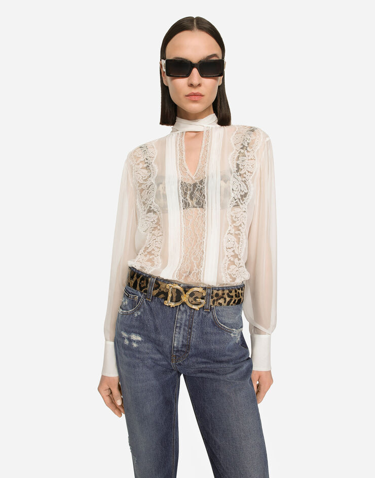 Dolce&Gabbana Blouse en mousseline et dentelle avec lavallière Blanc F779JTFU1AT