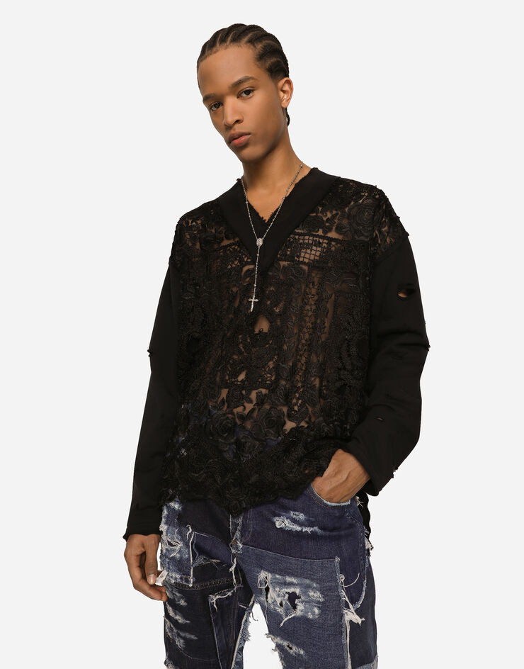 Dolce & Gabbana Sweat-shirt en tulle brodé et jersey Noir G9ADKTHLMO4