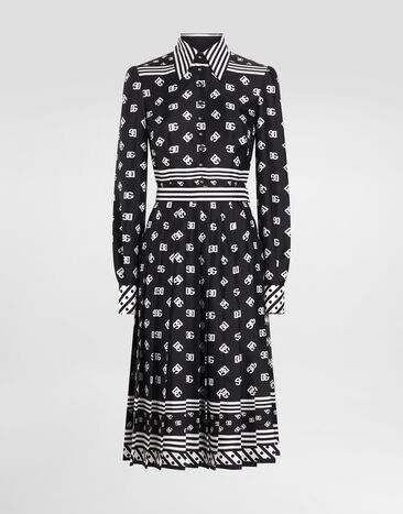 Dolce & Gabbana Twill calf-length shirt dress with all-over DG logo scarf print Black F6TMNTGDCVJ