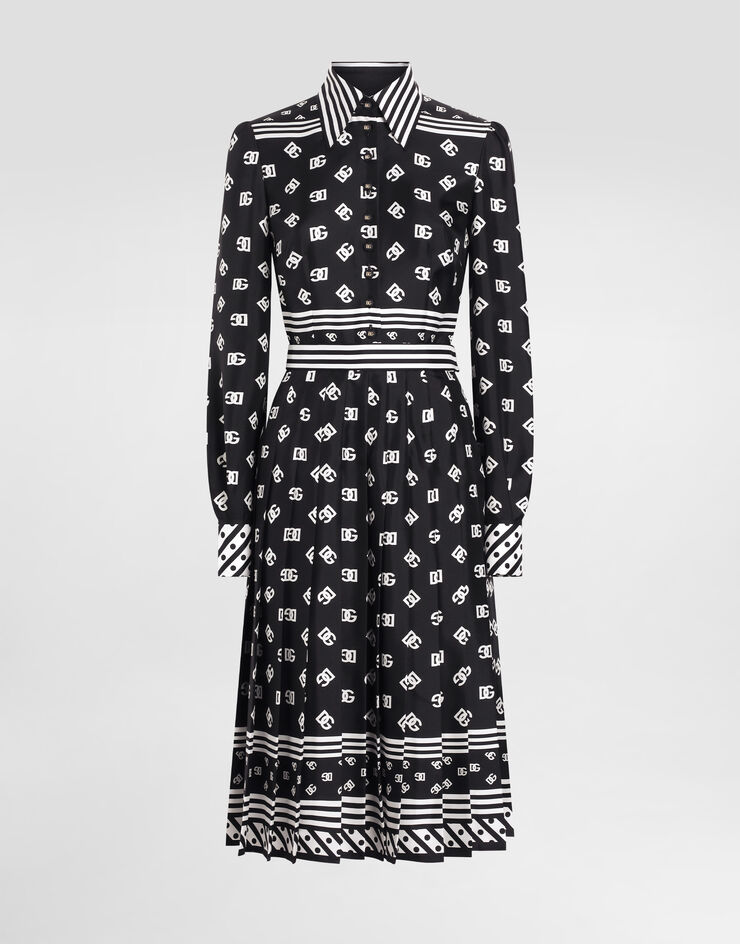 Dolce & Gabbana Twill calf-length shirt dress with all-over DG logo scarf print Black F6TMNTGDCVJ