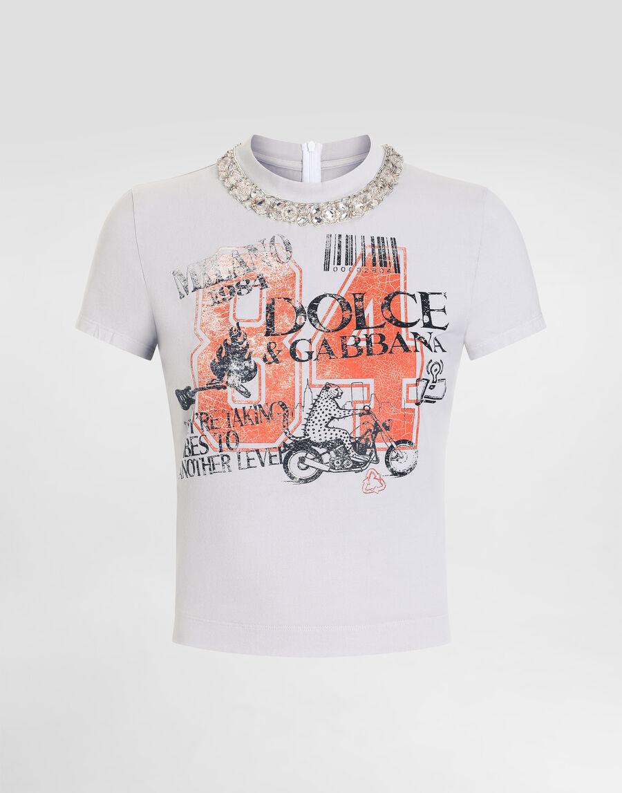 Jersey t-shirt with print and crystals