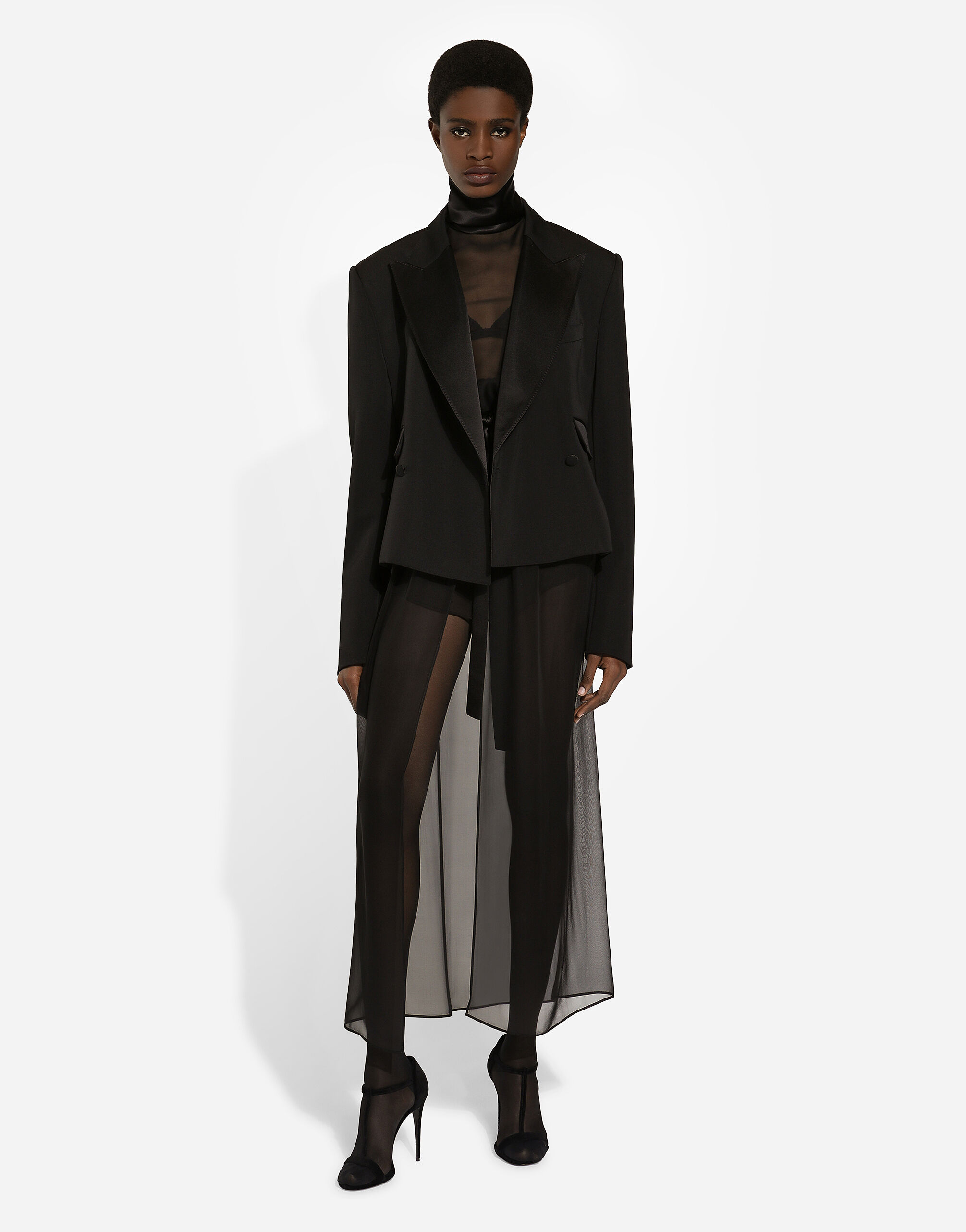 【D&G】ショートダブルウールタキシードジャケット ブラックのウィメンズ ウールギャバジン ショート ダブル