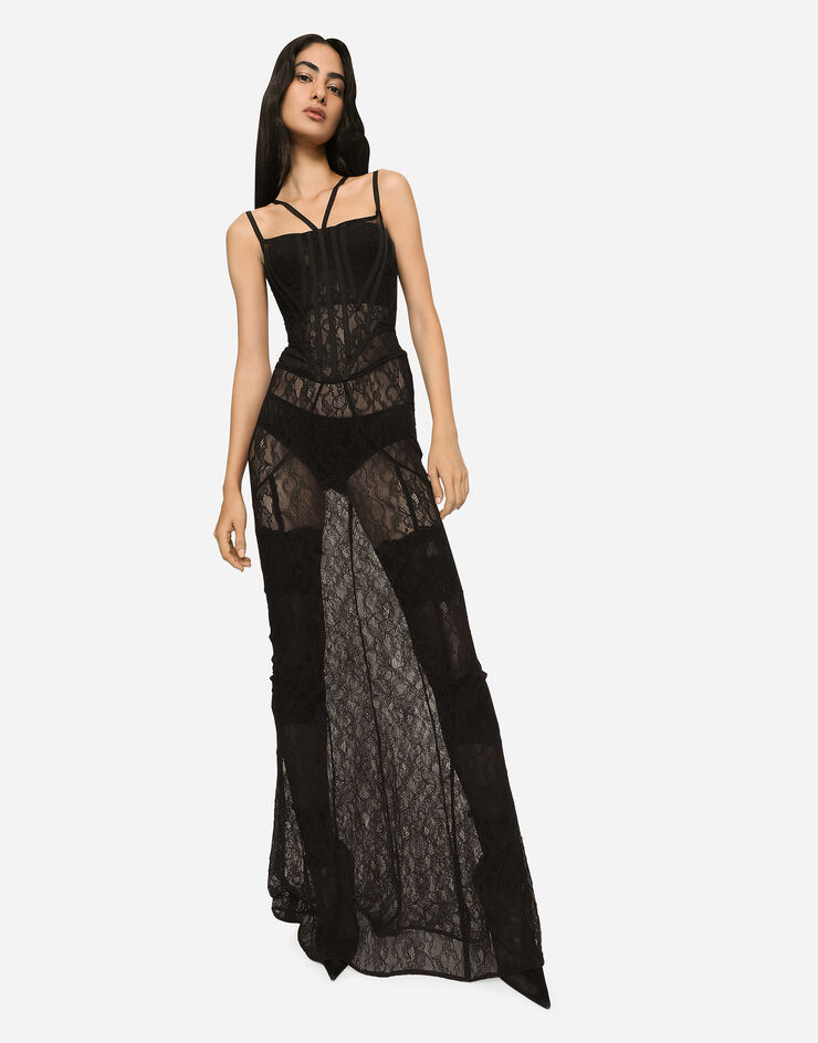Dolce & Gabbana فستان كورسيه دانتيل طويل أسود F6CLTTFLUBM