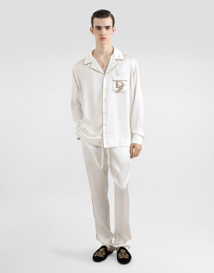 Dolce & Gabbana Silk vanity shirt with logo embroidery White G5IF1ZFU1AU