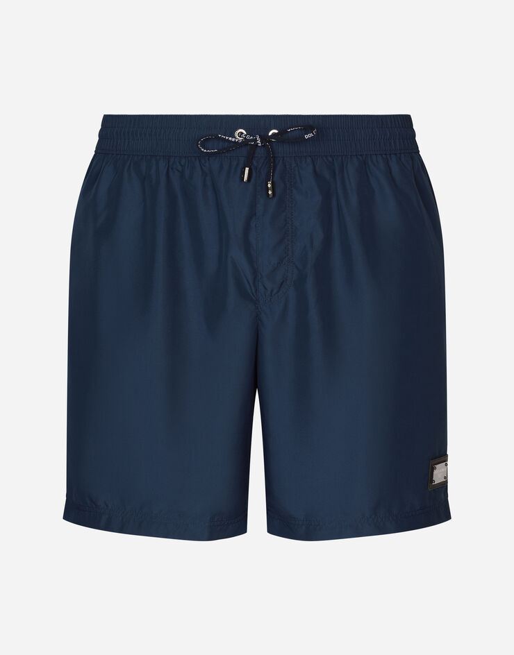 Dolce & Gabbana Long-leg swim trunks with branded tag Blue M4E50TFUSFW