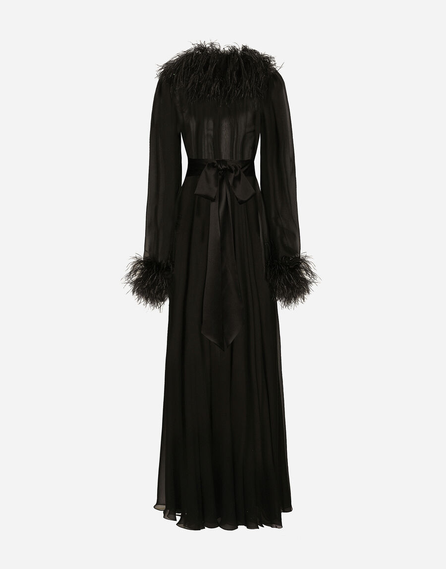 Long silk chiffon dress with ostrich feather details