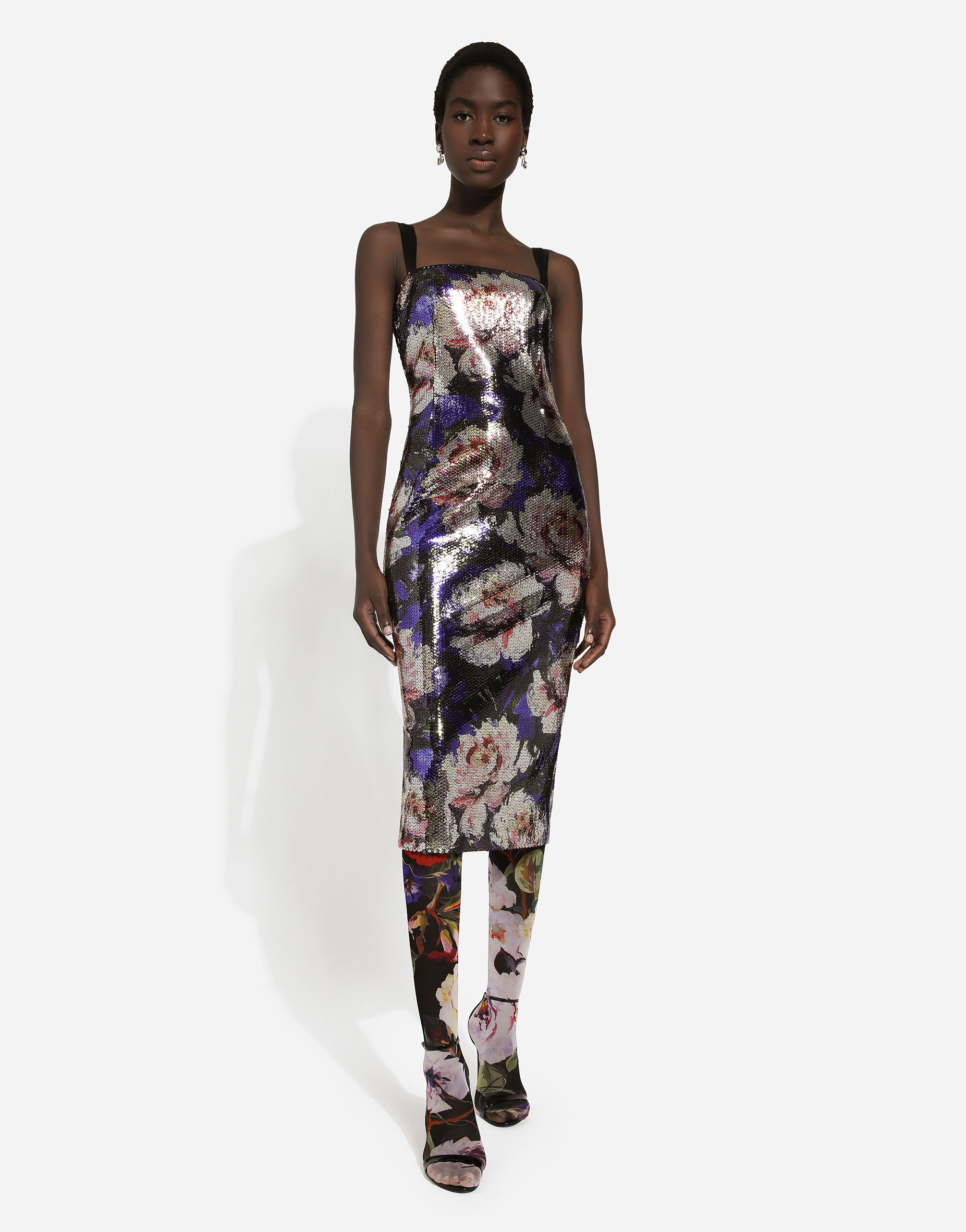 Sequined strapless dress with peony print in Print for