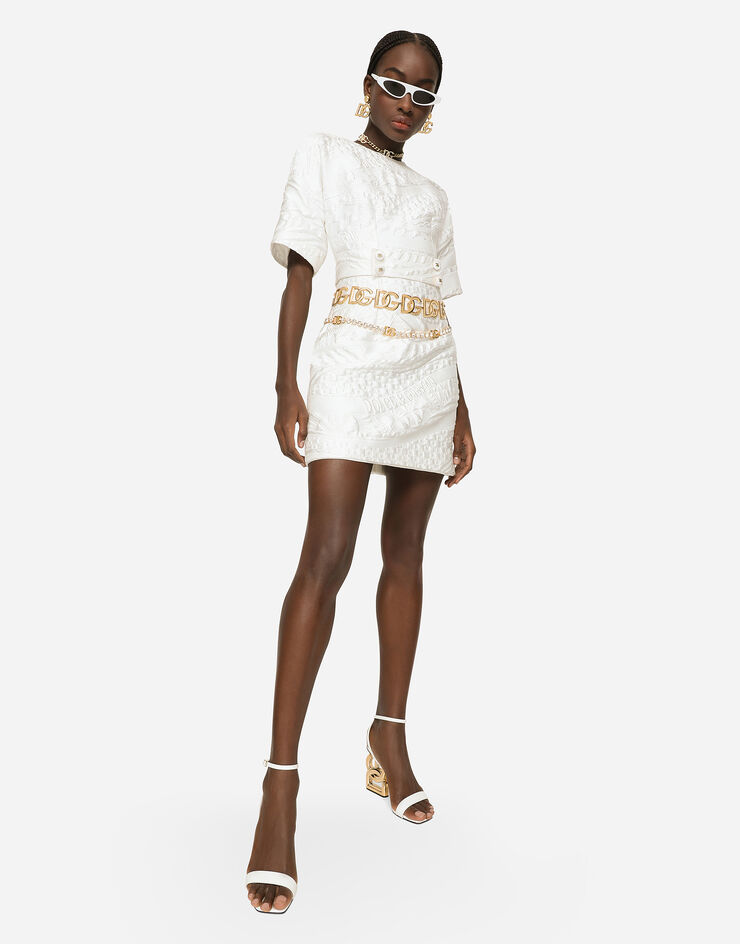 Dolce&Gabbana Short brocade dress with belt White F6CPKTHJMPA