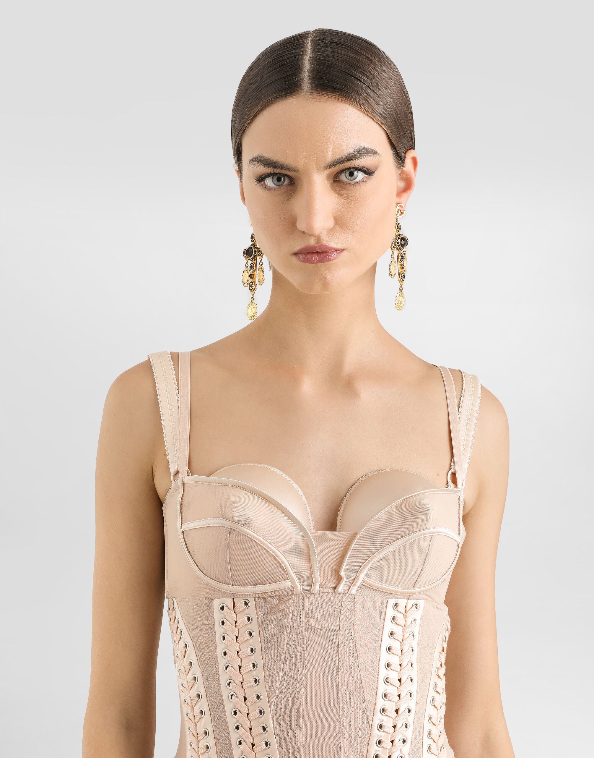 Light tulle calf-length slip dress with corset details in
