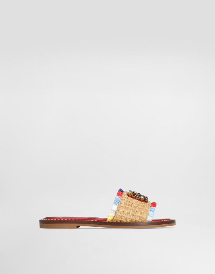 Dolce & Gabbana Flat straw slide sandals with fringes Multicolor D11417A0559
