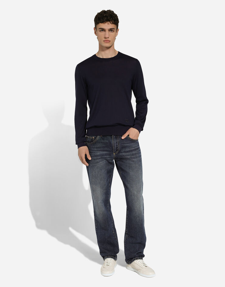 Dolce & Gabbana Silk round-neck sweater with DG embroidery  Blue GXX02ZJBSF8