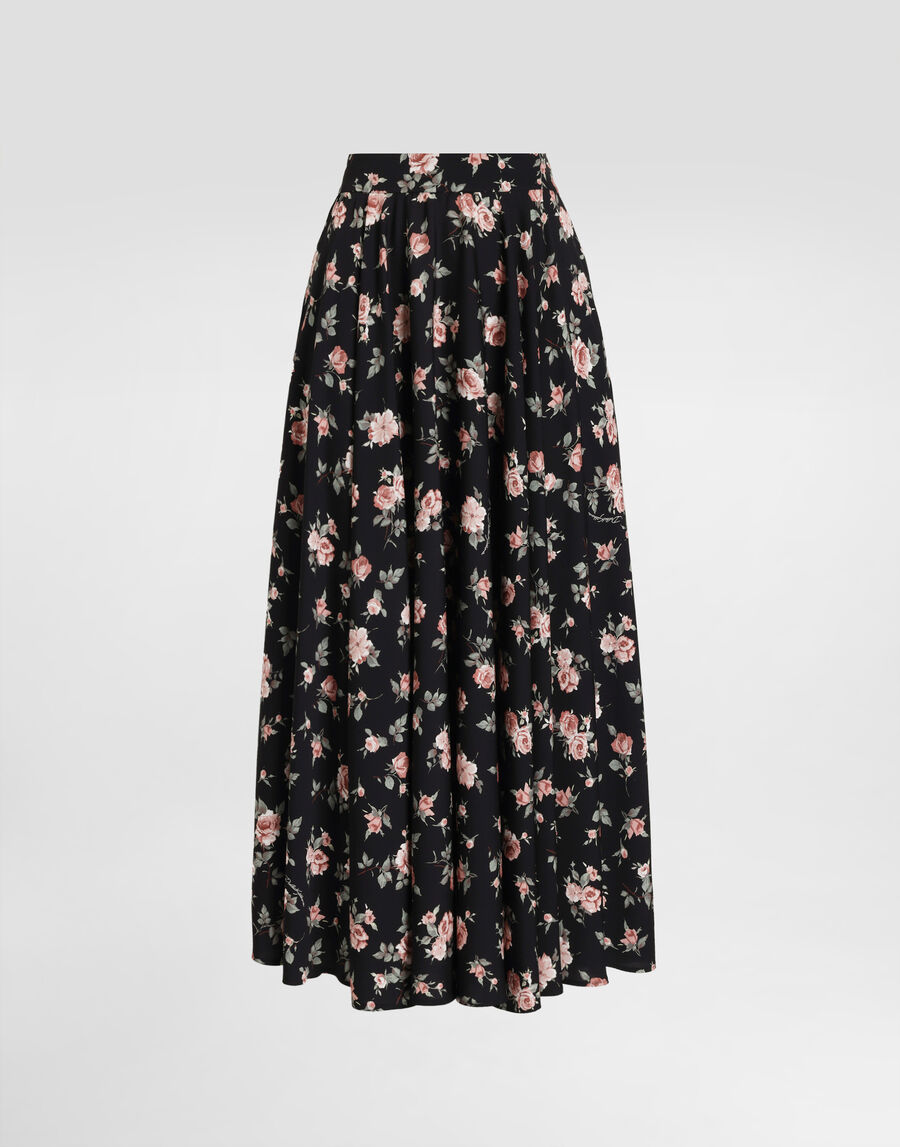 Vintage roses-print charmeuse circle skirt