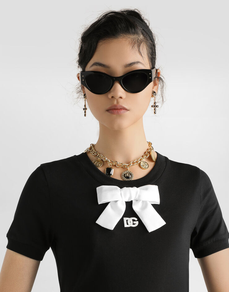Dolce & Gabbana Jersey t-shirt with DG embroidery and bow Black F8N08ZGDC6K