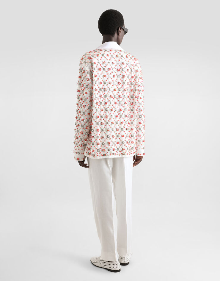 Dolce & Gabbana Long-sleeved cotton shirt with rhinestone and coral embroidery White G5NC8ZFU6X8