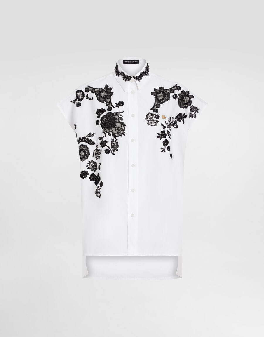 Oversize cotton poplin shirt with lace appliqués