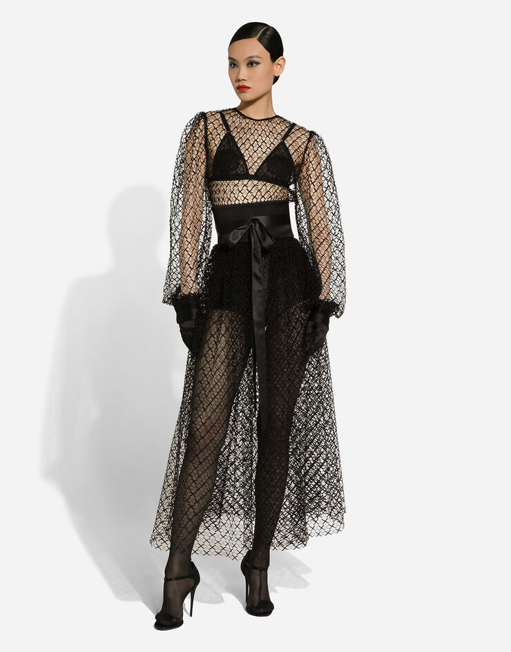Dolce & Gabbana Longuette-Kleid Netzgewebe mit Gürtel aus Wollkrepp Schwarz F6JOITILMBE