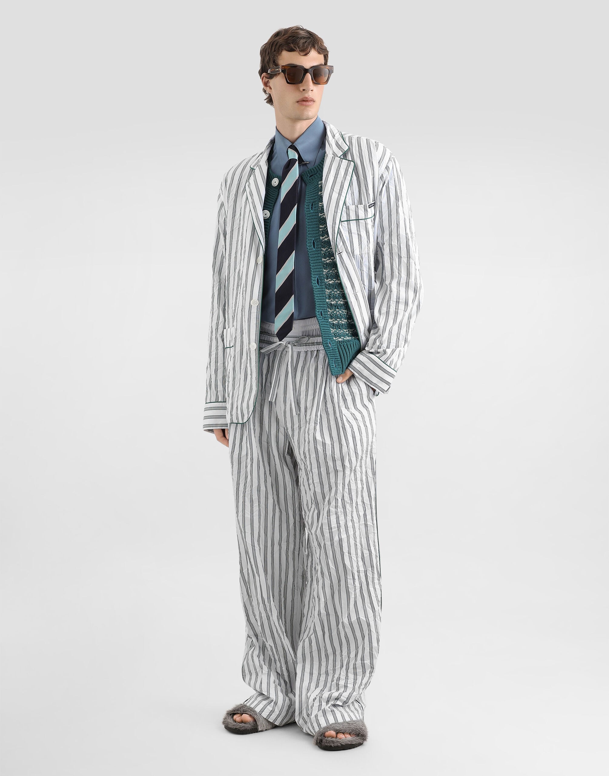 Crinkled striped poplin vanity robe in Multicolor for Men