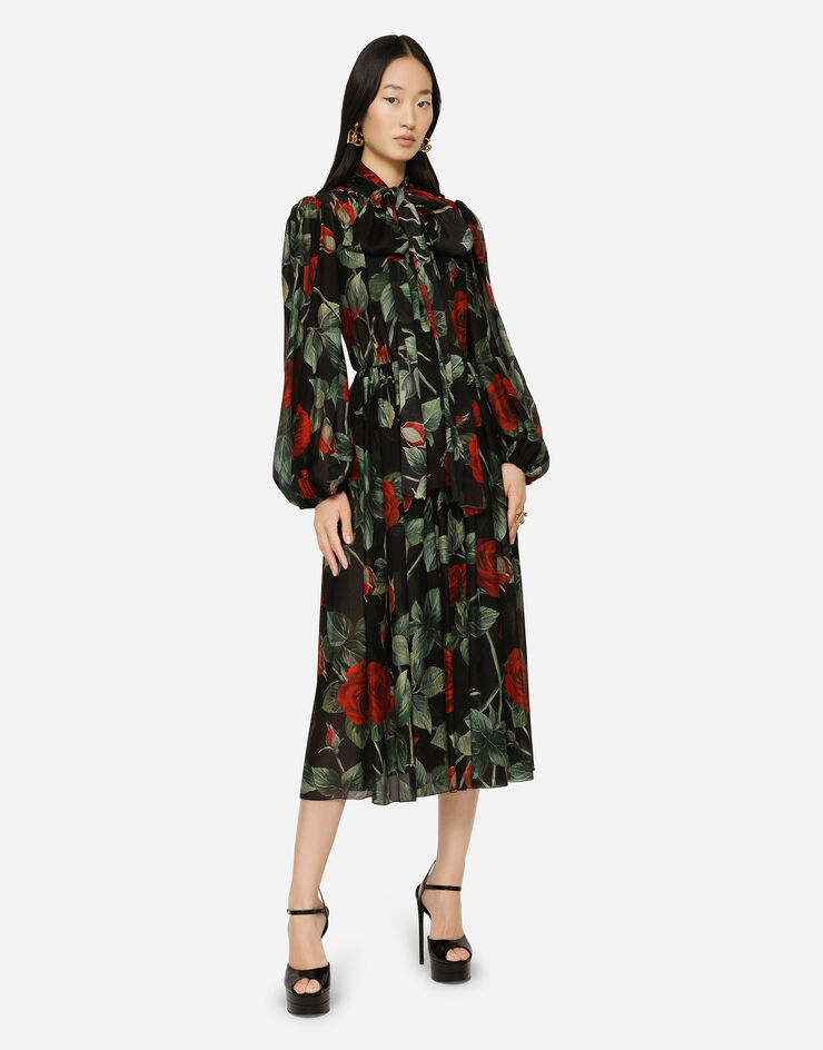 Dolce & Gabbana Textured chiffon calf-length dress with pussy-bow and rose print Multicolor F6R3ITIS1JB