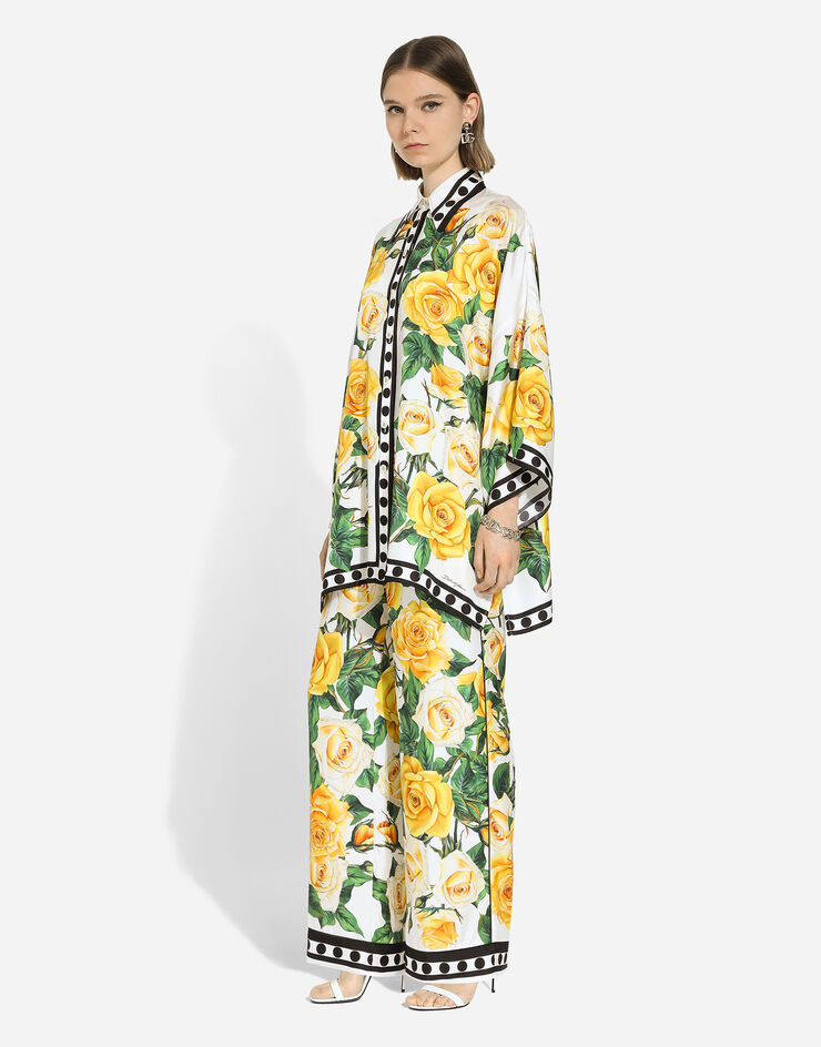 Dolce & Gabbana Pyjamahose aus Seide Gelbe-Rosen-Print Drucken FTAMPTGDA9C