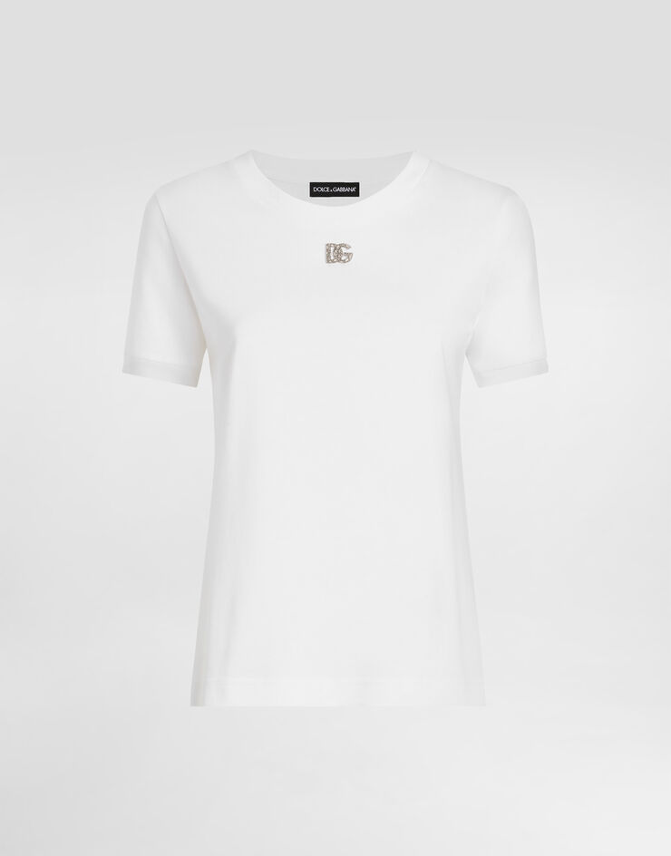 Dolce & Gabbana Jersey T-shirt with crystal DG embellishment White F8N08ZG7B3U