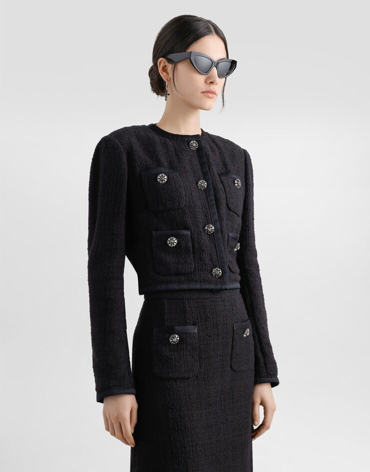 Dolce & Gabbana Cropped single-breasted raschel tweed jacket with bejeweled buttons Black F27CZZFMTAC
