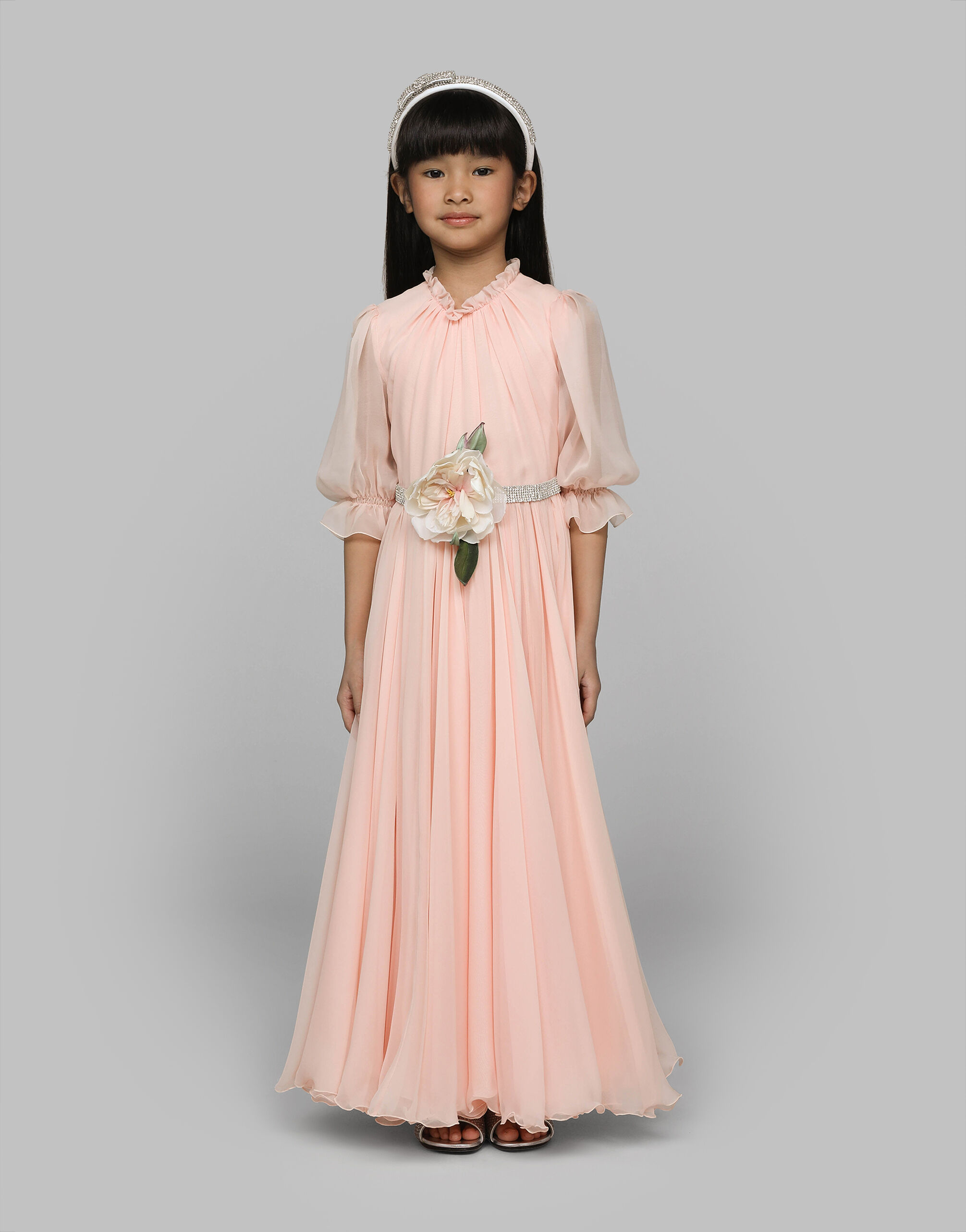 Pinkのガールズ 3Dフラワー シフォン ドレス | Dolce&Gabbana®